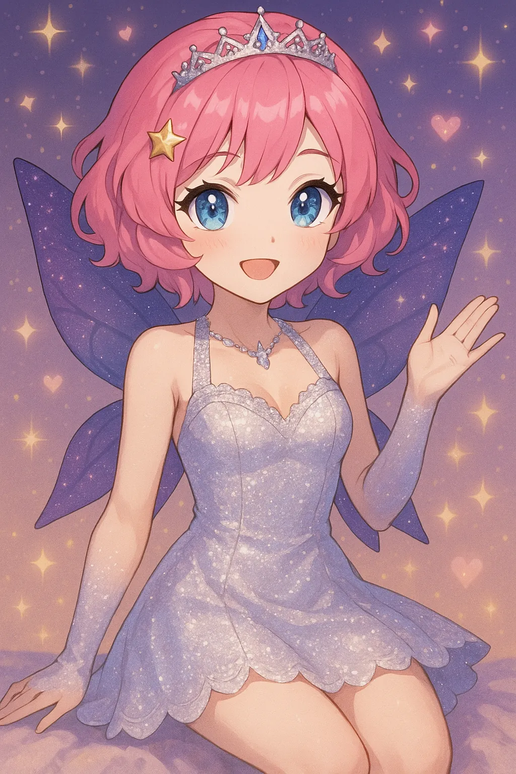 Cecilia im Glitzerkleid mit Tiara, bereit für eine Party