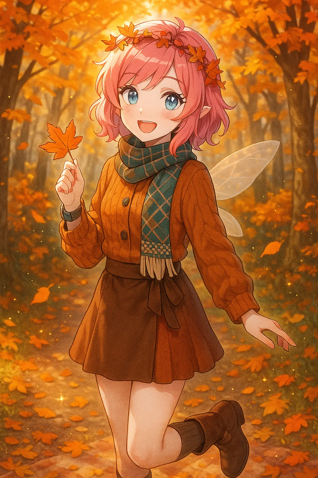 Von Cecilia gezaubert: Cecilia im Herbstwald mit Strickjacke, Schal und einem Ahornblatt